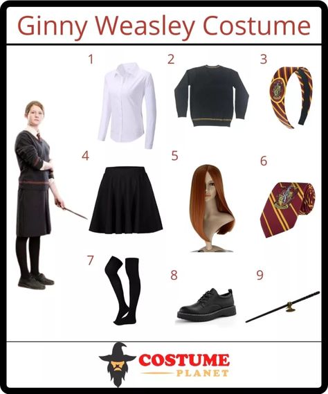 DIY Ginny Weasley Costume Ginny Costume, Ginny Weasley Costume, Ginny Weasley Outfits, Female Costume, Harry Potter Character, Harry Potter Costume, Ginny Weasley, Harry Potter Characters, Diy Costumes