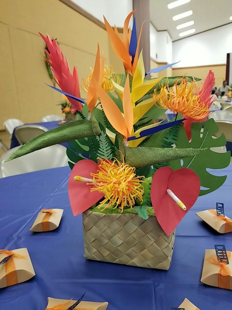 #BirdofParadise #PincushionProtea #Anthurium #TorchGinger #Heliconia #Monstera #Ferns #Tropical #PaperFlowers Diy Jungle Flowers, Luau Party Centerpieces, Tropical Paper Flowers, Luau Decor, Jungle Vbs, Rapping Paper, Party Centerpieces Diy, Flower Centerpieces Diy, Tropical Centerpieces