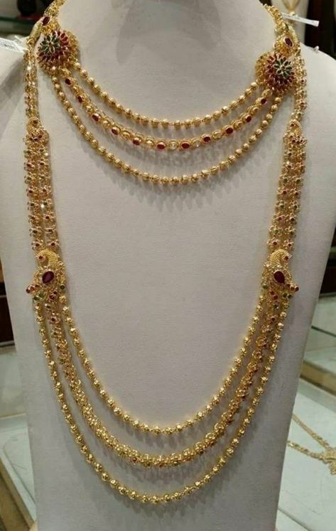 30grams Gold Necklace Designs, Chandra Haram, Step Chain, Ruby Necklace Designs, Handmade Gold Necklace, God Pics, Gold Haram, Mangalsutra Design, Delicate Gold Jewelry