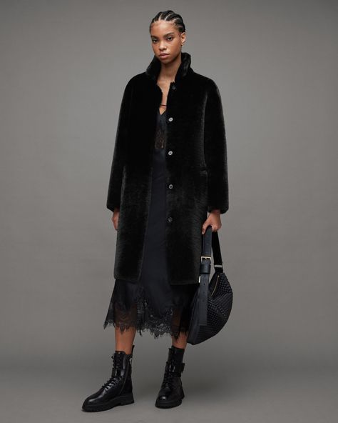 Shop the Serra 2-In-1 Reversible Shearling Coat in Black at ALLSAINTS US from our collection of All Women's Sale. Free shipping on all US orders. Jackets Summer, Shearling Coat, Coat Black, Accessories For Men, 2024 Collection, Leather Jackets, Summer Essentials, Black Coat, Horn