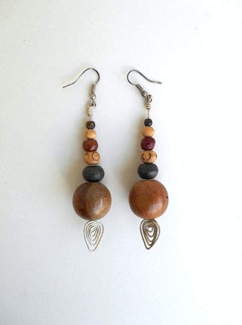 Wooden Bead Chunky Earrings Lightweight Earrings Summer Festival jewelry Hippie chic Spiral wire earrings Woodland earrings African Tribal Wooden Bead Earrings, Wooden Bead Jewelry, Wood Beads Jewelry, Woodland Earrings, Beaded Chandelier Earrings, Jewelry Hippie, Beaded Earrings Tutorials, Chunky Earrings, Hippie Earrings