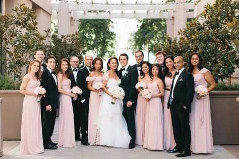 Dusty Rose and Black Wedding Party Rose And Black Wedding, Blush Pink And Black Wedding, Black Wedding Party, White Tuxedo Wedding, Black Tux Wedding, Dusty Pink Weddings, Lavender Bridesmaid, Dusty Rose Bridesmaid Dresses, Wedding Color Ideas