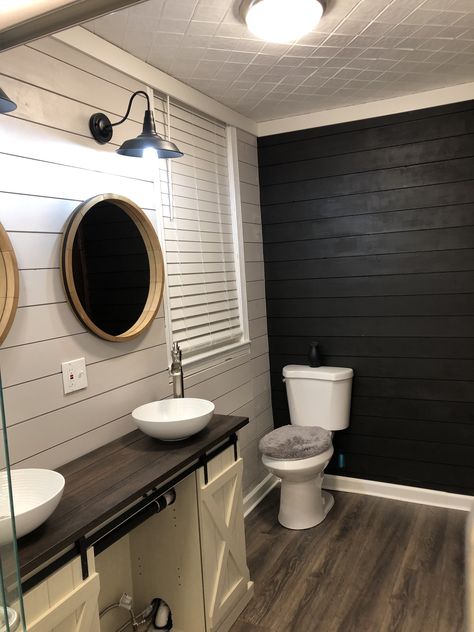 Black Shiplap Backsplash, Black Shiplap Bathroom Accent Wall, Black And White Shiplap Bathroom, Shiplap Bathroom Black, Dark Shiplap Bathroom, Black Shiplap Wall Bathroom, Black Shiplap Bathroom, Accent Wall In Bathroom, Black Fixtures Bathroom