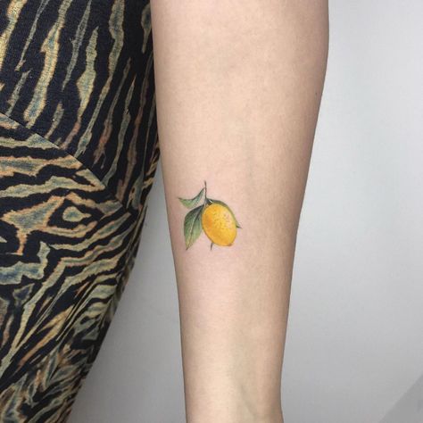 Yellow Lemon Tattoo, Lemon Tattoo Minimalist, Small Lemon Tattoo, Yellow Butterfly Tattoo, Lemon Tattoo, Henna Ink, Small Tattoos For Women, Fruit Tattoo, Grunge Tattoo