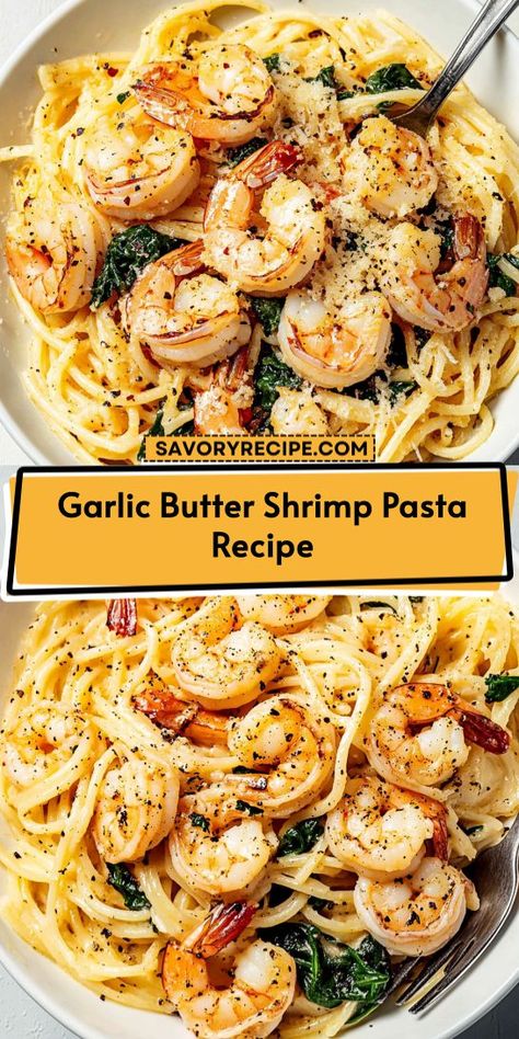 Want to impress your guests with a gourmet seafood dinner? This Garlic Butter Shrimp Pasta brings restaurant-quality flavors right to your kitchen! Be sure to save this recipe for a special occasion or a cozy night in. Lemon Garlic Seafood Pasta, Lemon Butter Seafood Pasta, Shrimp In Garlic Butter Sauce, Garlic Butter Pasta Recipes, Shrimp Scampi Recipe Pasta, Spinach Shrimp Pasta, Garlic Parmesan Shrimp Pasta, Garlic Butter Seafood, Shrimp Broccoli Pasta