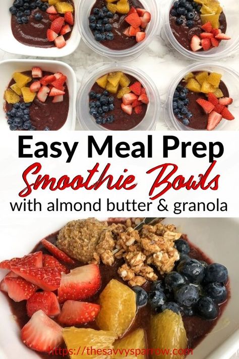 This is the best easy breakfast meal prep!  You will love this healthy smoothie bowl recipe with berries, power greens, granola and fresh fruit!  So yummy!  Make this healthy breakfast idea for busy mornings!  Great for healthy breakfast meal prep ideas! Fruit Power Bowls, Meal Prep Acai Bowl, Meal Prep Fruit Bowls, Smoothie Bowl Prep, Meal Prep Smoothie Bowls, Smoothie Bowl Meal Prep, Acai Bowl Meal Prep, Make Ahead Smoothie Bowl, Fruit Bowl Meal Prep