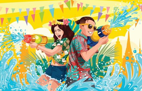 Couple Playing Water gun in Songkran Festival Water Festival Myanmar Design, Psd Free Photoshop, Trippy Iphone Wallpaper, Dragon Fish, Cambodian Art, Songkran Festival, Vector Art Design, Human Anatomy Drawing, Water Drawing