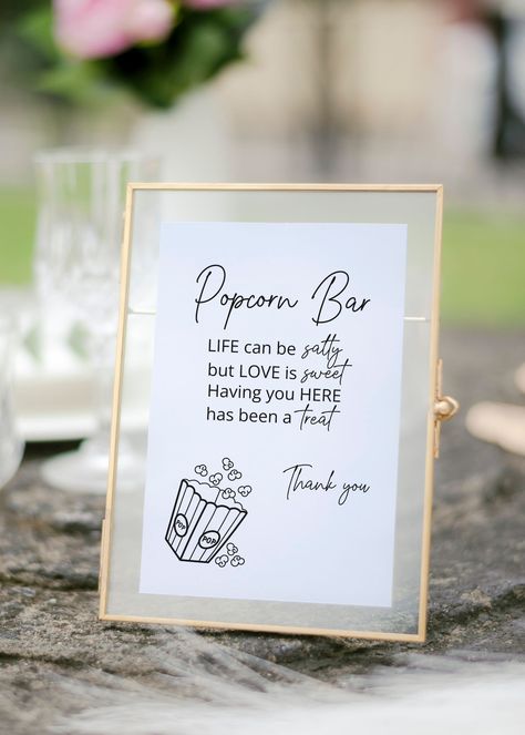 Wedding Popcorn Machine, Popcorn Bar Wedding, White Wedding Sign, Wedding Popcorn Bar, Popcorn Bar Sign, Wedding Favor Sign, Wedding Foods, Popcorn Wedding, Engagement Party Planning