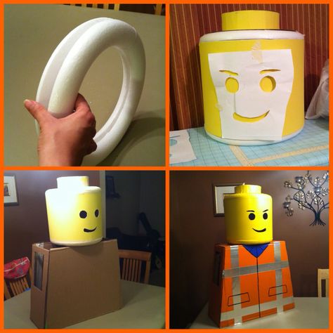 I have looked at lots of lego costume tutorials and I just wanted to share my shortcut: I used a 12" foam wreath cut in half to form the curved edges of the head and hot glued & taped a 9" tall piece of mat board (which was light weight but sturdy) in a tube between the wreath pieces. I think it really captured the right shape! Lego Halloween Costumes, Lego Themed Party, Foam Wreath, Lego Costume, Lego Halloween, Lego Head, Casa Halloween, Homemade Halloween Costumes, Lego Birthday Party