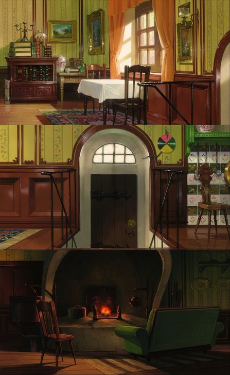 Howls Moving Castle Living Room, Howl's Moving Castle Interior, Kiki's Delivery Service House Interior, Studio Ghibli House Interior, Howls Moving Castle Interior, Howls Kitchen, Studio Ghibli Architecture, Howls Moving Castle House, Howls Moving Castle Room