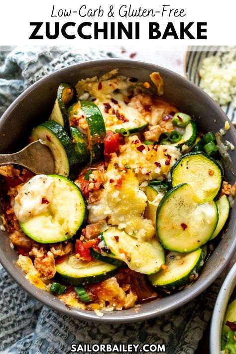 Zucchini Bake is a cheesy, easy low carb meal full of protein from ground chicken in every bite. A feel good meal fora healthy dinner recipe or lunch idea you will love - plus it's gluten-free and great for meal prep! Meal For The Week, Chicken Zucchini Recipes, Ground Chicken Recipes Healthy, Sailor Bailey, Zucchini Bake, Zucchini Recipes Healthy, Low Carb Meal, Ground Chicken Recipes, Low Carb Zucchini