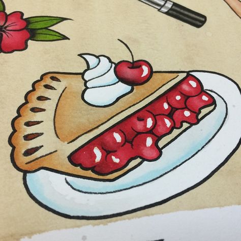 Traditional Pie Tattoo, Pie Tattoo Ideas, Cherry Pie Tattoo, July Tattoos, Daisies Tattoo, Pie Tattoo, Dessert Tattoo, Tattoo Food, Random Tattoos