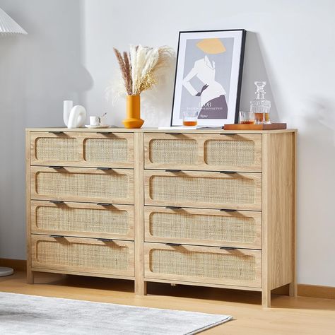 QEIUZON 4 Drawer Dresser, Modern Rattan Dresser Chest with Wide Drawers and Metal Handles, Farmhouse Wood Storage Chest of Drawers for Bedroom, Living Room, Hallway, Entryway (Natural-2 Packs) Atl Apartment, Rattan Dresser, Dresser Modern, Accent Storage Cabinet, Dresser Chest, 4 Drawer Dresser, 9 Drawer Dresser, 6 Drawer Chest, Accent Chest