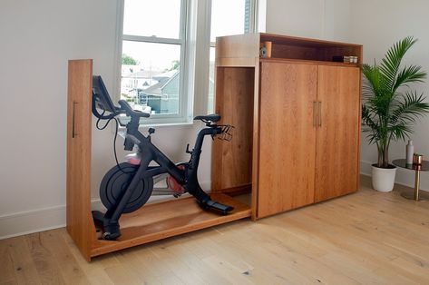 Hidden Workout Storage, Gym Furniture, Mid Century Cabinet, Cherry Hardwood, Gym Room, Furniture Placement, Exercise Bike, Home Gym Equipment, Exercise Equipment