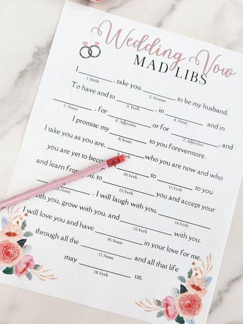 bridal shower mad libs printable with pink words and watercolor floral designs in corners Wedding Vow Mad Libs Free Printable, Wedding Mad Libs Printable Free, Bridal Shower Mad Libs Free Printable, Bridal Shower Mad Libs, Free Printable Bridal Shower Games, Free Bridal Shower Games, Games To Print, Wedding Bingo, Bridal Shower Games Prizes