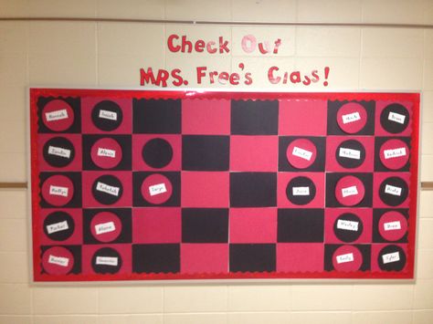 Bulletin Board - board game theme - Checkers Checkerboard Bulletin Board, Chutes And Ladders Bulletin Board, Game On Theme For School, Board Game Bulletin Boards, Bulletin Board Games, Saree Background, Tri Fold Poster Board, Game Decorations, Classroom Colors