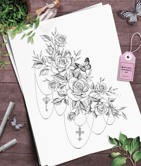 Art Tattoos For Women, Jewels Tattoo, Feminine Cross Tattoo, Roses Butterfly, Fine Line Art, Flower Thigh Tattoos, Jewel Tattoo, Armband Tattoos, Cross Tattoos For Women