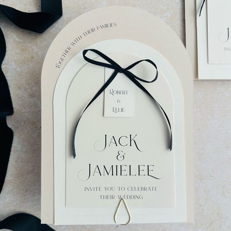 In love with these modern on trend wedding invitations I made recently for Jamielee & Jack. Make a lasting impression on your guests from the moment they open the envelope. Designed for modern couples who appreciate style and elegance. #blacktiewedding #blacktie #WeddingInvitations #ModernCouples #weddingbow #minimalistwedding #WeddingTrends2024 #Elegantinvites #weddinginspiration #bride #savethedate #londonbride #northeastbride #northumberlandwedding #rockmywedding #wedvibes #lovedupnorth Wedding 2025 Trends, Arch Invitation, Bow Invitation, Graphic Business, Modern Wedding Invitation Suite, Theme Board, London Bride, Modern Couple, Wedding Essentials