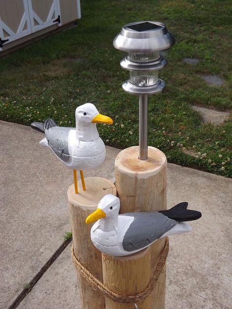 nautical lawn piling with seagulls solar light and address plaque, curb appeal, diy Nautical Pilings, Address Sign Ideas, Nautical Landscaping, Solar House Numbers, Solar Light Crafts, Solar Lawn Lights, Diy Lawn, Modern Nautical, Address Signs