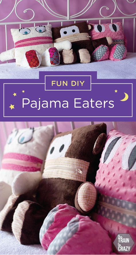 Sometimes, the best gifts are the ones that are homemade. Whether you’re celebrating a birthday or just want an excuse to give your child something special, these DIY stuffed animal pajama eaters make for the perfect present. The playful zipper mouth can be used to hide her favorite treasures or tell her secrets to. Use this printable sewing pattern to create a personalized stuffed animal for your kid. Click here for the full tutorial. Pajama Eater Pattern Free, Homemade Stuffed Animals Easy, Diy Warmies Stuffed Animal, Diy Weighted Stuffed Animal, Cute Sewing Projects Stuffed Animals, Animal Pillows Pattern, Stuffy Toys, Diy Stuffed Animal, Pajama Pillow