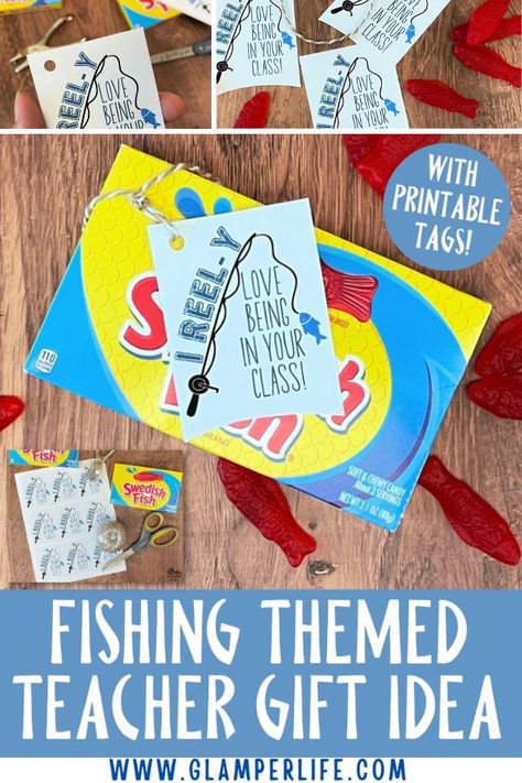 FISH ON! Or at least, candy fish on with this great gift idea for Teacher Appreciation or the last day of school. This fishing themed teacher gift is so easy to put together you can use our free printable tags for the perfect final touch. Head to our blog to get the tags and directions. #teacher #teacherappreciation #fishing #camping #diy #printable #glamperlife Free Teacher Appreciation Printables, Camping Printables, Male Teacher Gifts, Taco Gifts, Candy Quotes, Appreciation Gifts Diy, Camping Diy, Teacher Appreciation Gifts Diy, Teacher Appreciation Printables