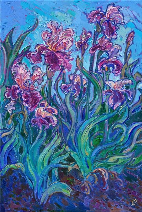 Beautiful purple irises painted in Erin Hanson's open impressionist style Purple Iris Flowers, Brush Strokes Painting, Painting Purple, Erin Hanson, Iris Painting, Contemporary Impressionism, Art Basics, Carmel By The Sea, Art Van