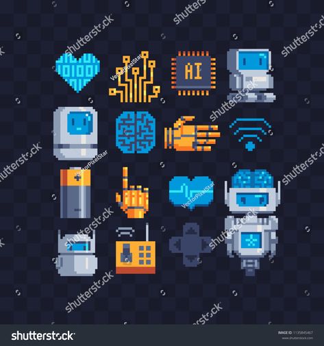 Information Technology pixel art icons set. Artificial intelligence, micro circuit and robot android. Chat bot. Central processing unit. Isolated vector illustration. Design for stickers, logo, app. #Ad , #Sponsored, #micro#intelligence#Artificial#android Pixel Robot, Voxel Games, Pixel Life, Desktop Environment, Zbrush Character, Central Processing Unit, Ascii Art, 8bit Art, Cool Pixel Art