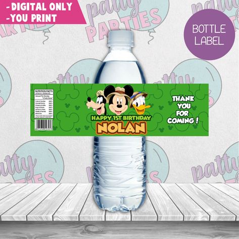 MICKEY MOUSE SAFARI WATER BOTTLE LABEL Mickey Safari, Party Labels, Safari Birthday Party, Water Bottle Label, Safari Birthday, Happy 1st Birthdays, Water Bottle Labels, Send It, Bottle Labels