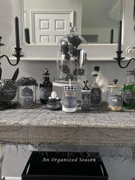 Get an apothecary look by making spooky potion bottles from jars. You'll learn how to make this fun Halloween DIY project from jars and Dollar Tree items! I'll show you where you can get amazing labels, how to attach them to your jars, and how to embellish them very inexpensively! Save this pin and follow us for more DIY and seasonal decor inspiration! Unicorn Dust, Crow Feather, Halloween Apothecary, Black Chalk Paint, Black And White Ribbon, Potion Bottles, Diy Halloween Projects, Black Spray Paint, Potion Bottle