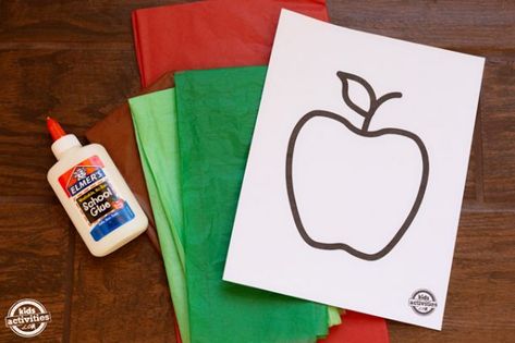 Apple Tissue Paper Craft, Sugar Glue Recipe, Tissue Paper Apple, Paper Apple Craft, Apple Outline, Paper Apple, Tissue Paper Craft, Green Tissue Paper, Fun Educational Activities