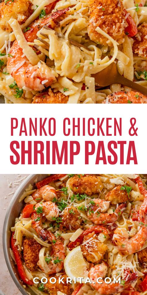 Crispy panko chicken, tender shrimp, and a creamy, no-cream carbonara sauce make this pasta irresistible! #ChickenCarbonara #PastaNight #ShrimpLover #ComfortFood Olive Garden Shrimp Carbonara Recipe, Prawn Carbonara, Chicken And Shrimp Carbonara, Shrimp Carbonara, Olive Garden Pasta, Chicken Carbonara Recipe, Garden Pasta, Panko Chicken, Chicken Carbonara