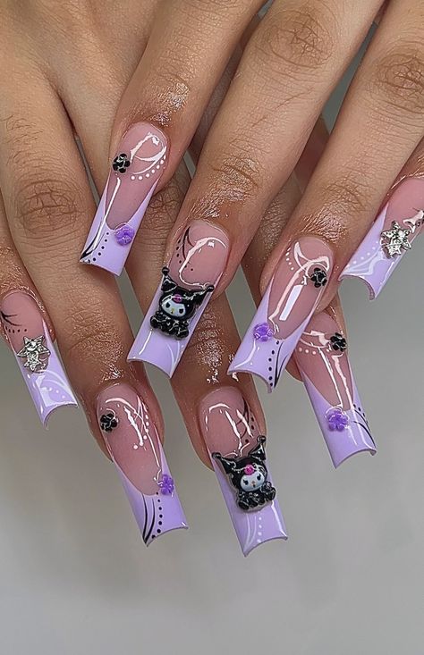 Purple Bling Nails, Pink Kuromi, Kuromi Nails, Mobile Nail Technician, Mobile Nails, Anime Nails, Hello Kitty Nails, French Nail Designs, Unique Acrylic Nails