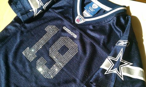 Dallas Cowboys BLING Jersey Bedazzled Football Jersey, Cowboys Jersey Outfit Woman, Nfl Wag, Football Gf, Diy Jersey, Cheer Jackets, Football Girlfriend Shirts, Dallas Cowboys Outfits, Basketball Girlfriend