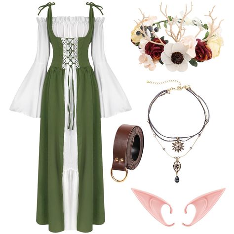 PRICES MAY VARY. 【Renaissance Dress Accessories Set】: This set includes 6 gorgeous accessories perfect for renaissance dresses. It features 2 wide ruffled dresses, a stunning flower crown, a pair of elf ears, a stylish layered necklace, and a high-quality leather belt. With this complete medieval women's costume and accessories set, you'll have everything you need to create a truly authentic and stunning look. 【High Quality Fabric】: Our Renaissance ruffle dresses are made of soft, breathable pol Medieval Fairy Costume, Ren Fair Accessories, Renfaire Costume Women, Medieval Costume Women, Druid Costume, Fae Costume, Dresses Medieval, Viking Outfit, Style Collages