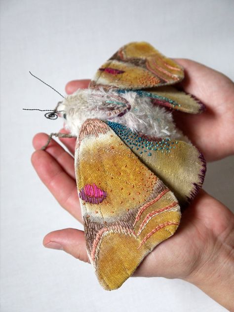 ! ! !/// Fabric sculpture Large moth textile art by irohandbags on Etsy Moth Sculpture, Tovad Ull, Fiber Sculpture, Handmade Textiles, 자수 디자인, Art Textile, Soft Sculpture, Fabric Art, Perfume Bottle