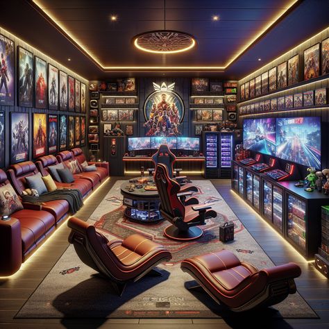 This gaming man cave is a gamer's paradise, featuring an advanced gaming setup, a vast collection of video games, and comfy seating. Amenities include a mini-fridge, racing simulator, and a VR corner for an immersive gaming experience. #ManCave #GamingRoom #PCGaming #VideoGames #GameCollectibles #VirtualReality Fantasy Gaming Room, Gaming Man Cave, Luxury Gaming Room, Desk Gaming Setup, Game Room Layout, Games Room Inspiration, Gaming Lounge, Home Game Room, Desk Gaming