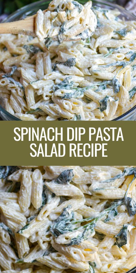 Spinach dip pasta salad turns the yumminess of spinach artichoke dip into a full fledged summer side dish you’ll love. With all the creamy goodness of the classic appetizer, your friends and family will beg you to make this for every barbecue, potluck and picnic! #salad #pastasalad #recipe Spinach Artichoke Salad Recipes, Spinach Artichoke Pasta Salad, Recipes With Spinach Dip, Spinach Dip Pasta Salad, Pasta Salad Recipes With Spinach, Picnic Salads Cold, Cold Salad Recipes Healthy, Cold Pasta Salad Recipes Creamy, Spinach Dip Pasta