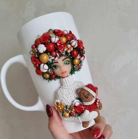 3d Mugs, Decorated Mugs, Polymer Clay Mug, Christmas Polymer Clay, Jumping Clay, Clay Mug, Deployment Gifts, Polymer Clay Gifts, Clay Cup