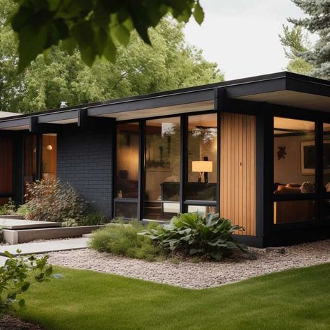 Windows Mid Century Modern, Modern Mid Century Home Exterior, Mcm New Build, What Color Siding Goes With Black Windows, Black Brick And Cedar House Exterior, Modern Cedar Siding, Composite Wood Siding Exterior, Mid Century Windows Exterior, Siding Makeover Exterior