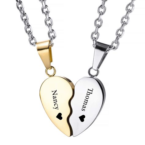 PRICES MAY VARY. 👩‍❤️‍💋‍👨 FREE LASER ENGRAVING --- This couple heart necklace comes with free engraving service, clicking the 'Customize Now' button, enter some meaningful text, such as name, date, coordinates, the word will be engraved on the two half heart pendant, creating a personalized jewelry for you. 👩‍❤️‍💋‍👨 ELEGANT DESIGN --- Matching split heart design, as puzzle heart necklace. 3 color available, Silver + Silver, Silver + Gold, Silver + Rose-gold. The pendant and chain with high Half Heart Necklace Couple, Stuff For Girlfriend, Cute Couple Necklaces, Necklaces For Girlfriends, Matching Necklaces For Couples, Couple Heart, Half Heart, Presents For Girlfriend, Birthday Stone