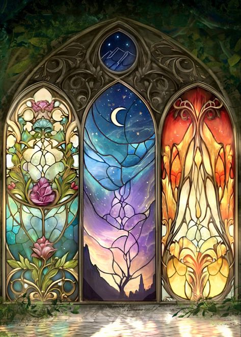 Archeron Sisters, Stain Glass Window Art, Image Halloween, Art Nouveau Illustration, Sisters Art, Glass Window Art, Court Of Thorns And Roses, Window Art, Dreamy Art