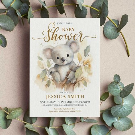 Koala Invitation, Koala Watercolor, Koala Party, Koala Bear Baby, Bear Baby Shower Theme, Baby Koala, Bear Theme, Cute Watercolor, Boy Birthday Invitations