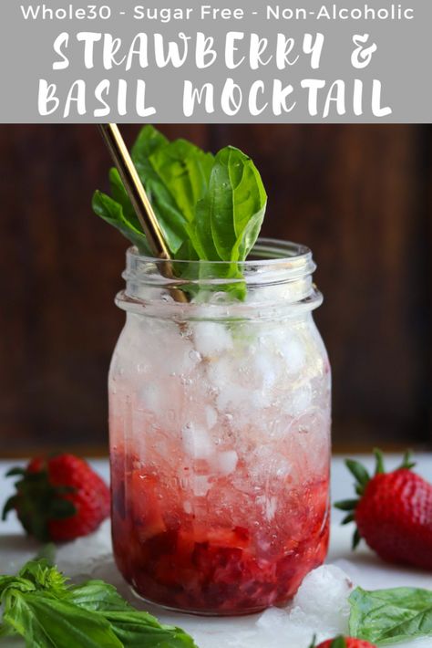 Strawberry Basil Mocktail, Basil Mocktail Recipes, Basil Mocktail, Alcoholic Drinks At Home, Whole 30 Drinks, Coconut Mojito, Mojito Mocktail, Alcoholic Cocktails, Non Alcoholic Cocktails