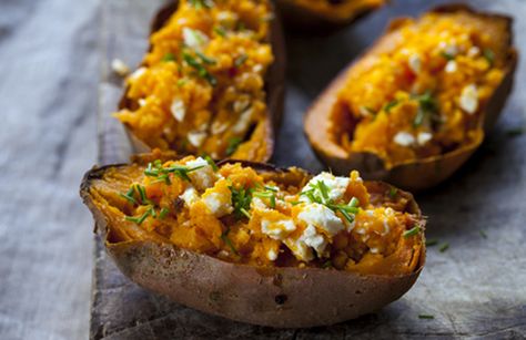 Sweet Potato Benefits, Chives Recipe, Sweet Potato Recipes Baked, Twice Baked Sweet Potatoes, Healthy Superbowl Snacks, Sweet Potato Skins, Cooking Sweet Potatoes, Monterey Jack, Potato Skins