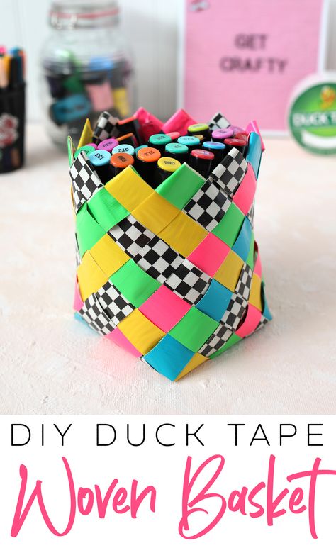 Learn how to weave a cute and sturdy basket out of Duck Tape. Use it to hold craft supplies or as a plant cozy or an Easter basket. So many possibilities! #ducktapecrafts #ducktape #crafts #craftideas Things To Make With Duct Tape Diy, Easy Duct Tape Crafts, Duck Tape Art, Diy Duck Tape Crafts, Seniors Crafts, Weave A Basket, Plant Cozy, Duck Tape Projects, Activity Planner