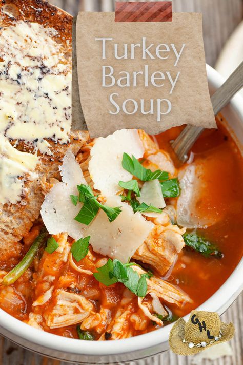 Turkey Barley Soup Recipe Pearl Barley Soup, Turkey Barley Soup, Using Leftover Turkey, Barley Soup Recipe, Great Lunch Ideas, Quick Easy Recipes, Pearl Barley, Barley Soup, Meal Planning Template