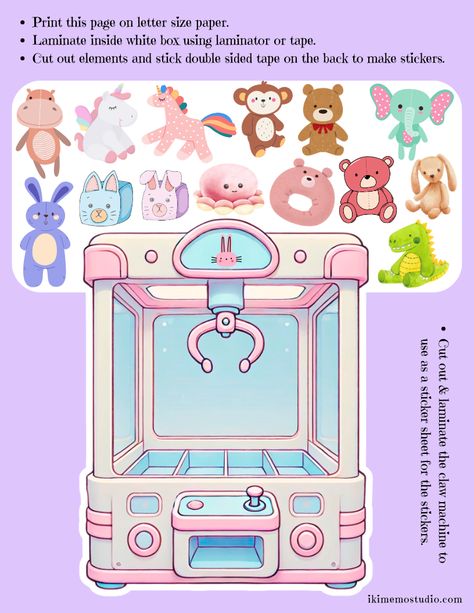 Time to win some toys with this cute printable you can use to make your own claw machine sticker! Claw Machine Papercraft, Procreate Drawings, Bday Decor, Paper Doll House, Claw Machine, Fun Printables, Make Your Own Stickers, Cute Games, Diy Printable