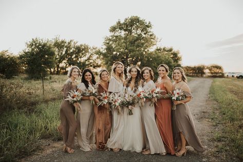 Bridesmaids wearing all different dresses & colors for the perfect warm neutral boho vibe. Neutral Bridesmaid Dresses Mismatched, Planning 2024, Dresses Colors, Taupe Bridesmaid, Brown Bridesmaid Dresses, Smith Wedding, Neutral Bridesmaid Dresses, Wedding Color Pallet, Fall Bridesmaids