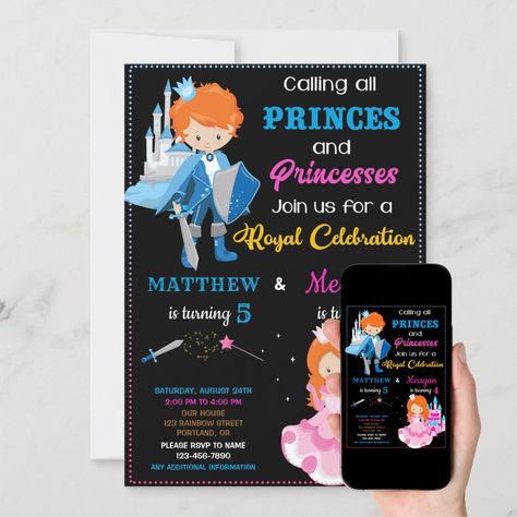 Calling all princes and princesses! This two theme Prince and Princess birthday invitation for two kids is for shared joint royal birthday party! It features cute little prince in blue dress with sword and beautiful little pink dressed princess with castle. This invitation will work perfectly for any age! Easily customize texts on this invitation template to make it special. Prince Birthday Invitations, Royal Birthday Party, Princess And Prince, Royal Invitation, Prince Birthday, Princess Birthday Invitations, Twin Birthday, Princess Birthday Party, Pink Invitations