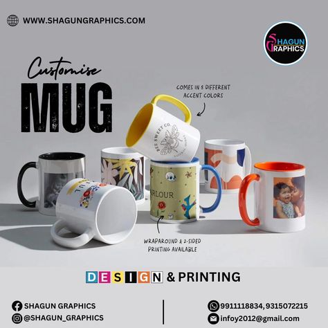 Elevate your coffee experience with our custom mug printing services at Shagun Graphics! ☕️ Whether you prefer a classic white mug, a sleek black mug, or the magic of color-changing magic mugs, we've got you covered. Add a personal touch to your morning routine or create the perfect gift for a loved one. Contact us to create your custom mugs today! Location: 11A, Veer Savar Block, Opp. Pillar No. 60, Near Nirman Vihar Metro Station, Vikas Marg, Shakarpur, Delhi - 110092 Website: www.shagungr... Mug Printing Design, Mug Printing Ideas, Creative Mug, Mug Print, Construction Logo Design, Publicidad Creativa, Printed Mug, Graphic Design Ads, Flyer And Poster Design